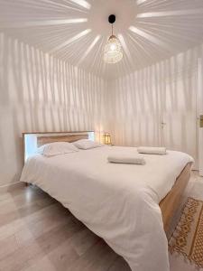 L'épicurien • Cœur de ville • Confortable في شاتورو: غرفة نوم بسرير ابيض كبير بسقف