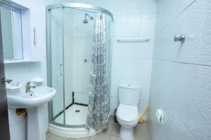 a bathroom with a shower and a toilet and a sink at South La Apartments in Accra +40 photos