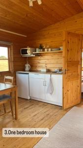 a kitchen in a log cabin with a table and a door at Armuli in Reynistaður