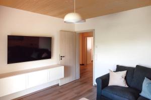 ein Wohnzimmer mit einem blauen Sofa und einem Flachbild-TV in der Unterkunft BodenSEE Apartment Neukirch Goppertsweiler FUCHS in Neukirch