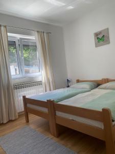 1 dormitorio con 2 camas y ventana en Guesthouse Abrlic, en Selište Drežničko