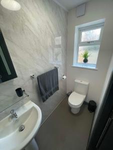 a bathroom with a sink and a toilet and a window at Ideal family apartment in Bolsover sleeps 4 in Chesterfield