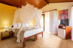 a bedroom with a canopy bed and a television at Pousada Villa Bianca in Arraial d'Ajuda