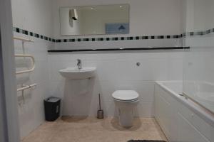 La salle de bains blanche est pourvue de toilettes et d'un lavabo. dans l'établissement Guest Homes - Axial Apartment, à Colchester