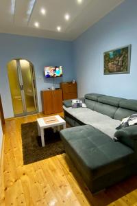 uma sala de estar com um sofá e uma mesa em Apartman Down Town em Sremska Mitrovica