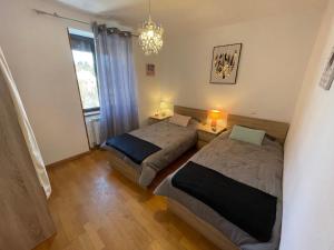sypialnia z 2 łóżkami i żyrandolem w obiekcie Grand gite peyrau aubrac loup gévaudan lozère A75 w mieście Aubigeyres