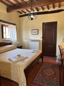 Un dormitorio con una cama con una mesa. en Agriturismo Il Monte - Piscina tra gli Ulivi, Maneggio con Cavalli e WIFI, en Monte Santa Maria Tiberina