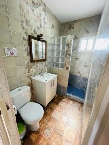 y baño con aseo, lavabo y ducha. en Casas La Almadraba, en Barbate