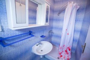 a bathroom with a sink and a shower curtain at Apartments Dunja Piric in Lopar +63 photos