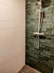 a shower with green tiles and a shower head at Chateau d'Impasse in Laferté-sur-Amance +29 photos