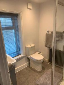 La salle de bains est pourvue de toilettes et d'un lavabo. dans l'établissement Quaint 1 bedroom cottage in Pudsey, Leeds, à Pudsey