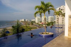 una piscina con una palmera y el océano en NUEVO! Hermoso apto frente a la playa!, en Cartagena de Indias