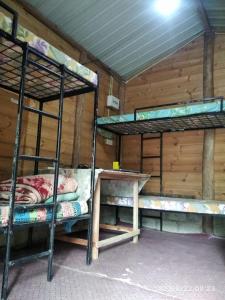 a room with three bunk beds and a table at Spiritual Nature Farm - Sri Lanka in Matale
