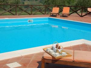 a swimming pool with a table and chairs next to it at Lovely estate in the Sabina hills in Magliano Sabina