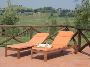 two orange chairs on a deck with a cat laying on it at Lovely estate in the Sabina hills in Magliano Sabina