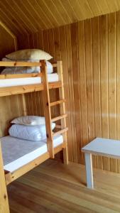 eine Hütte mit 3 Etagenbetten in einem Zimmer in der Unterkunft Pūķarags - Kempings in Pape