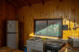 a kitchen with a stove and a sink and a window at Cabañas Carmelitas in Pucón