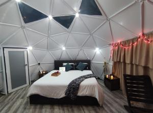 a bedroom with a tent with a bed and lights at Barichara Glamping in Barichara