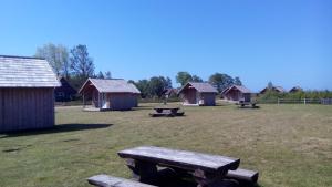 eine Gruppe von Hütten auf einem Feld mit einem Picknicktisch in der Unterkunft Pūķarags - Kempings in Pape