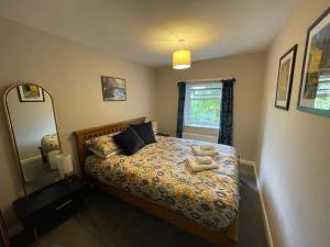 a bedroom with a bed and a large mirror at Bluebell Cottage in the Yorkshire Dales in Stainforth