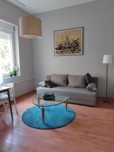 a living room with a couch and a glass table at EVA Apartment in Novi Sad