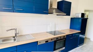 a kitchen with blue cabinets and a sink at FeWo Ischeland near Hagen-City in Hagen
