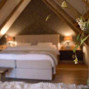 um quarto com 2 camas num sótão em Vakantiehuis de Bakspieker em Haaksbergen