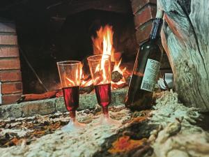 três copos de vinho em frente a uma lareira em El Chalet del Lago em Lago de Tota