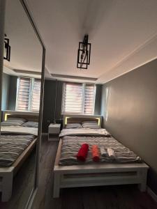 two beds in a room with red shoes on them at Apartament Centrum 2-pokojowy Klimatyzacja nr 6 in Radom
