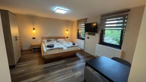 a bedroom with a bed and a television and a table at Penzion Loket in Loket