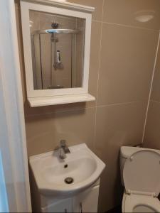 W13 x Weekly Monthly Discount في لندن: حمام مع حوض ومرحاض ومرآة