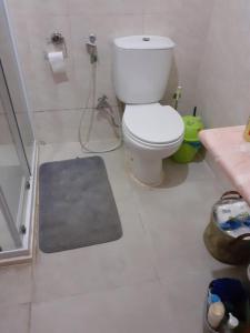 a bathroom with a toilet and a shower and a rug at Lexa Guest Apt in Praia