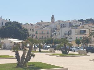 a city with buildings and palm trees in a parking lot at Casa Nobile in Vieste