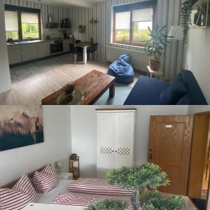 two pictures of a living room and a kitchen at Ferienwohnung Shakira in Penig