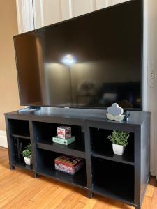 a black entertainment center with a large flat screen tv at Flat at Forest Park - Walk or Bike to Zoo! in Benton