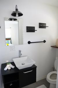 ein Badezimmer mit einem Waschbecken, einem Spiegel und einem WC in der Unterkunft Mi Casa Es Tu Casa, Airport Suites in Tampa