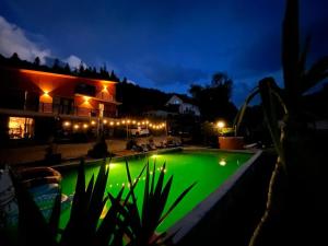 a pool with green lighting in a yard at night at Apartamenty i Las in Brenna