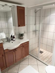 a bathroom with a shower and a sink at One bedroom basement apartment in the city in Tromsø