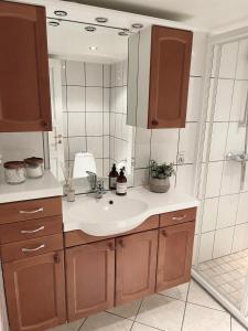 a bathroom with a sink and a mirror at One bedroom basement apartment in the city in Tromsø