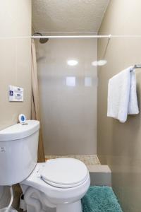 a bathroom with a white toilet and a shower at Avila Suites in San Juan