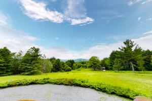 a large grassy field with a lake in the foreground at Spruce Moose Cottage in Hartland