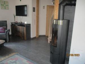 sala de estar con chimenea y TV en Ferienhaus Am Pfingstborn, 