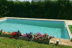 una piscina con flores en un patio en Casa en la sierra de Madrid para grupos grandes, en Madrid