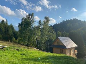 una pequeña casa en una colina en un campo en Babiogórskie klimaty, en Zawoja