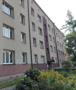 a large building with flowers in front of it at Apartament Curie in Zabrze