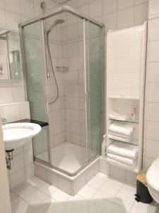 y baño con ducha y lavamanos. en Ferienwohnung Zum Bartelt, en Hohenschwangau