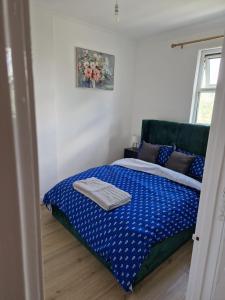 a bedroom with a bed with blue sheets and a window at A lovely one bedroom in Hither Green lane in London