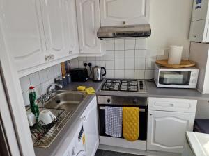 uma cozinha com um lavatório e um fogão forno superior em A lovely one bedroom in Hither Green lane em Londres