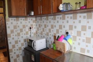 y cocina con encimera, microondas y fogones. en Devine 1 bedroom on Moi Southlake road en Naivasha