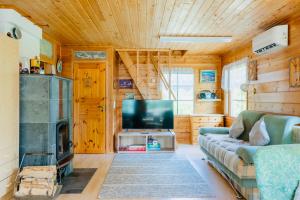 sala de estar con sofá y TV en Countryside riverside cabin for both winter and summer for max 16 persons, en Janakkala